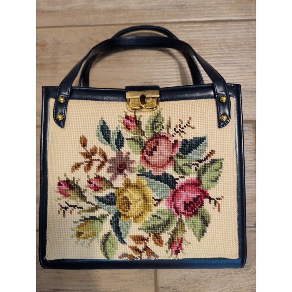 Vtg 60s Fleurette of Miami Faye Mell Floral Tapestry Navy Top Handle Box Purse